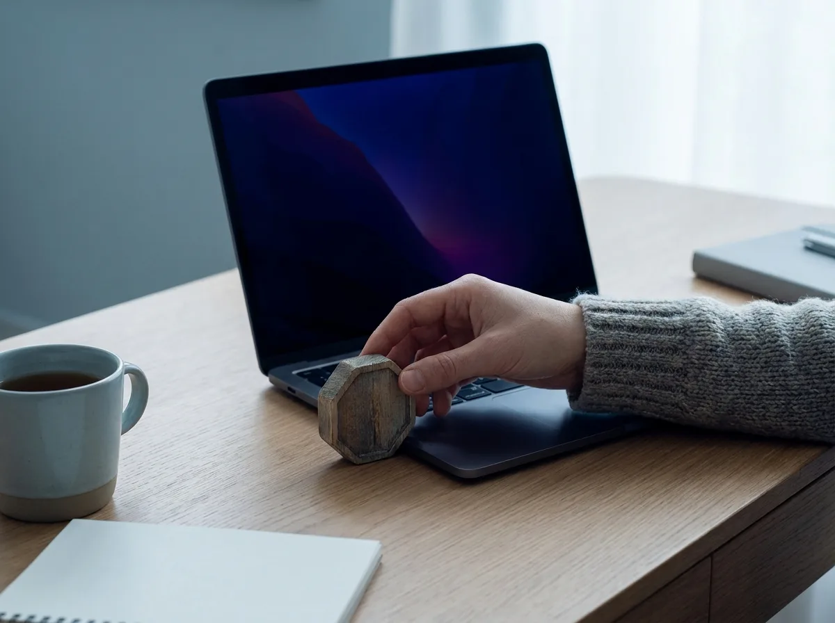 Mână oprind gestul lângă un laptop cu ecran estompat, simbol pentru autoexcludere și limite