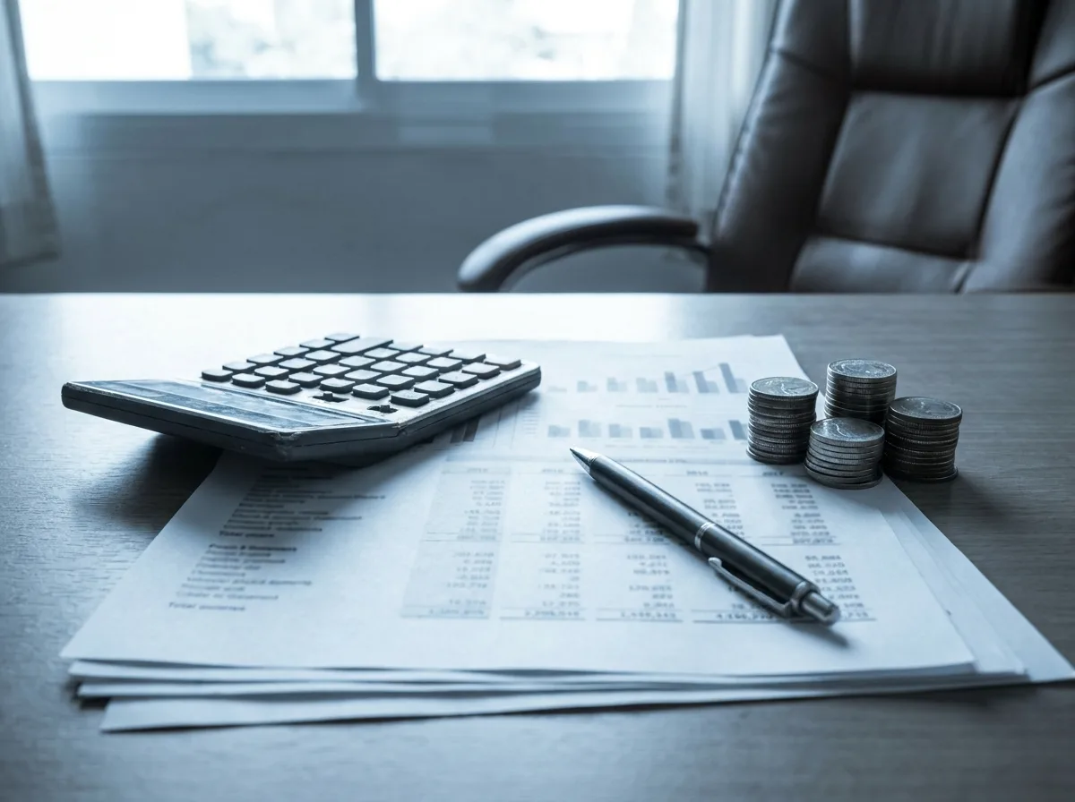 Calculator și document financiar cu coloane de cifre, simbol pentru taxele pe câștiguri